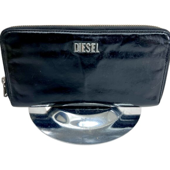 Vgt  Diesel  Black Leather Wallet Full Zip Store Mone & Credit Card Logo (64) - Picture 1 of 11